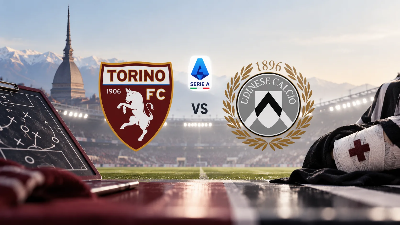 BetLogic editorial illustration featuring Torino and Udinese club crests in a stadium setting, representing Torino's 2–1 Serie A victory on 12 October 2026.